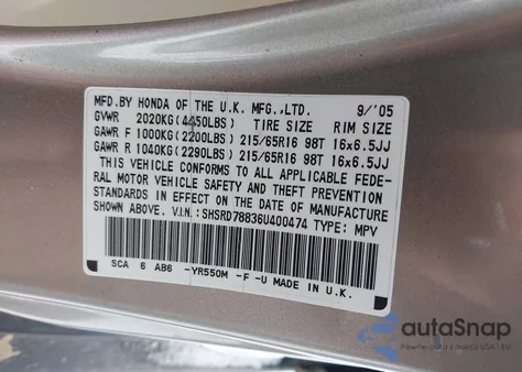 2006 Honda Cr-V Ex from USA, damaged, VIN SHSRD78836U400474